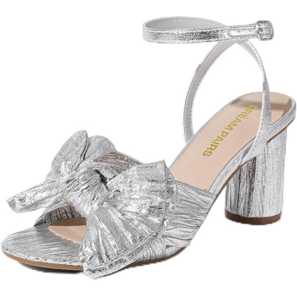 🆕Women's Silver Bow Knot Heeled Sandals, Chunky Block Heels, Open Toe Slingback - Picture 1 of 7